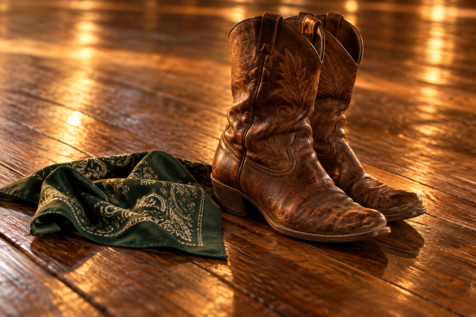 Leather dance boots and a green bandana on a wooden dance floor.
