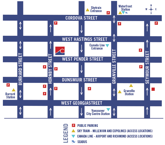 Illustrated office location map showing nearby downtown Vancouver streets, parking and transit stations