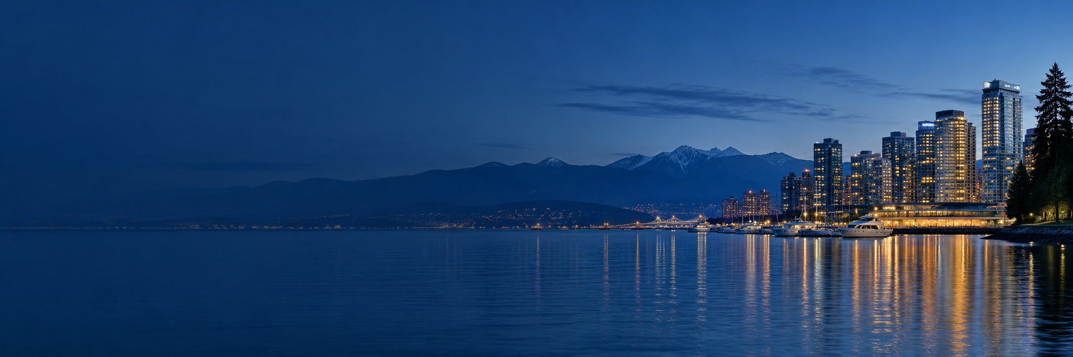 Illustrative Vancouver waterfront at blue hour