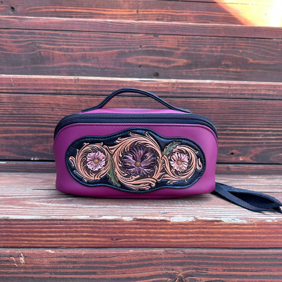 open-flat leather cosmetic bag