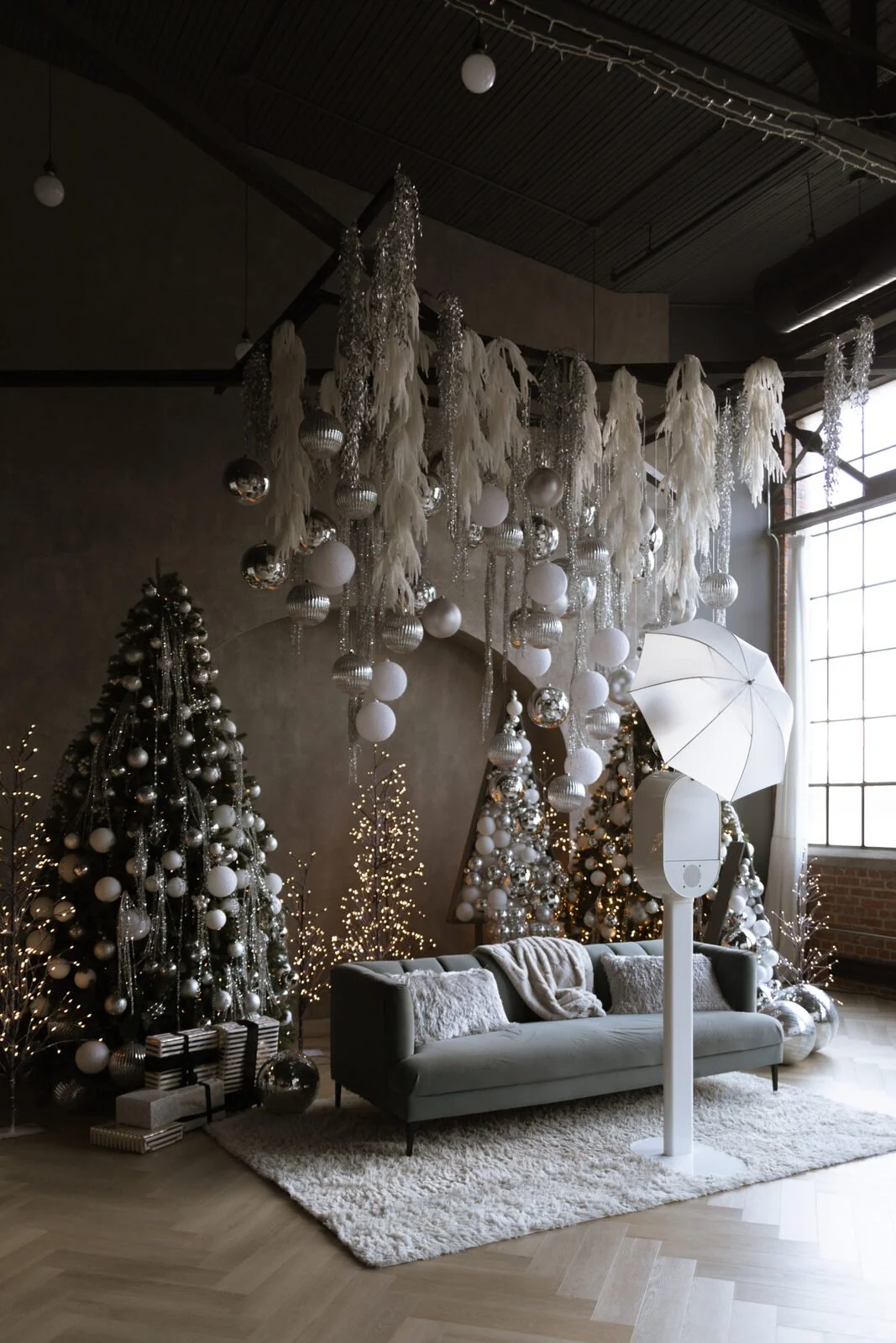 Wuddabooth set up in an elegant silver and white holiday lounge