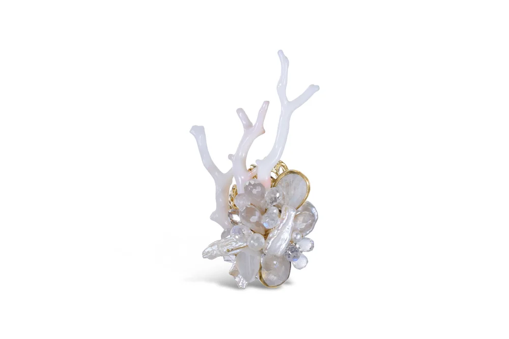 A white coral, moonstone, and pearl statement cocktail ring by Andrea Li