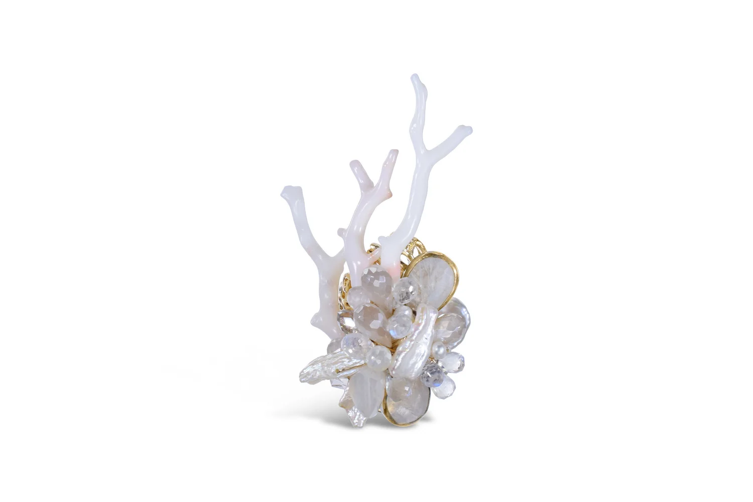 A white coral, moonstone, and pearl statement cocktail ring by Andrea Li