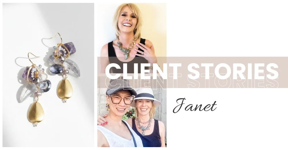 Client Stories, Janet: lavender cluster earrings with brushed gold drops, beside a smiling woman in a statement necklace and two women in sun hats