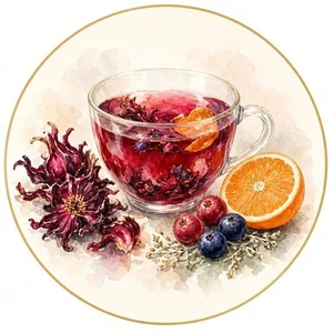 Cup of herbal fruit tea with dried fruit and flowers