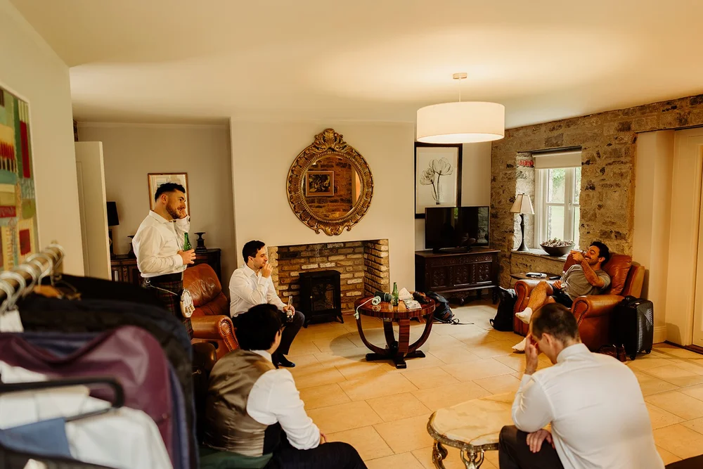 Rob and his friends relaxing together on the wedding morning