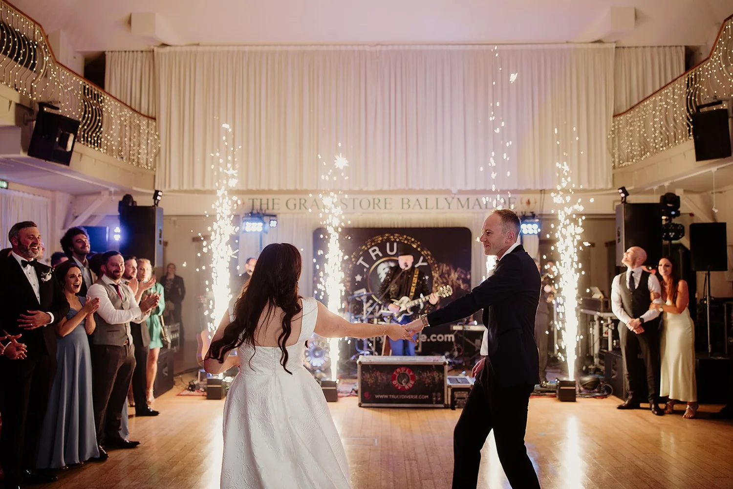 Aoife and Dan’s first dance between sparkler fountains in the Grain Store