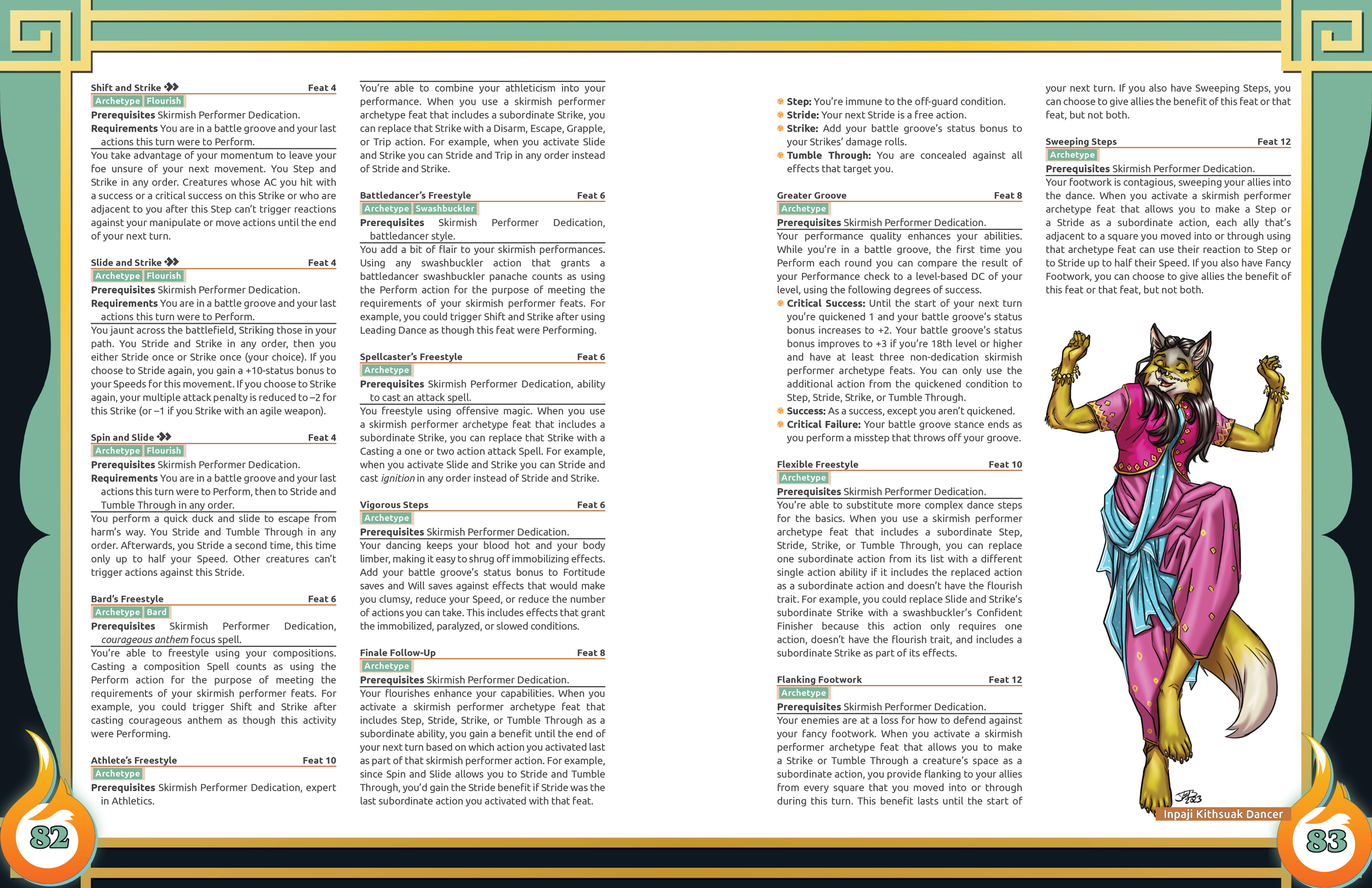 An image depicting several feats from Kitsune of Golarion Remastered's Skirmish Performer archetype. Included on the page is an Inpaji woman performing a traditional kithsuak dance.