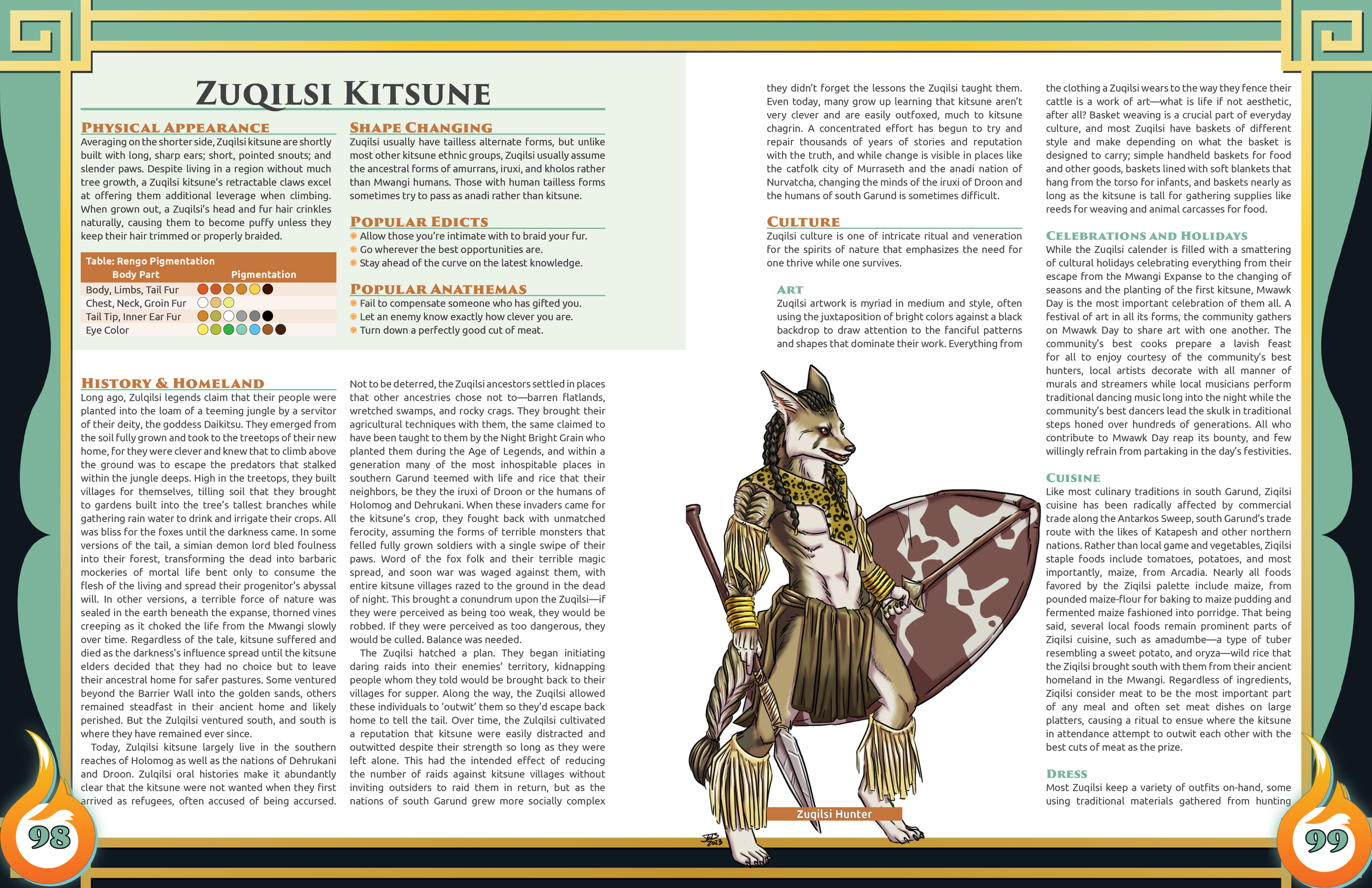 Image depicts the opening information about the new Zuqilsi ethnic group, including the book's new pigmentation charts. Also depicted on the page is a Zuqilsi kitsune hunter, his hair and fur traditionally braded back and along his arms and tail.