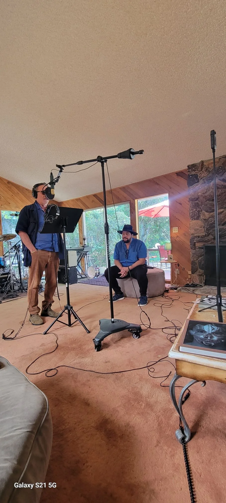 Andy García at the microphone with San Miguel Pérez in the recording studio