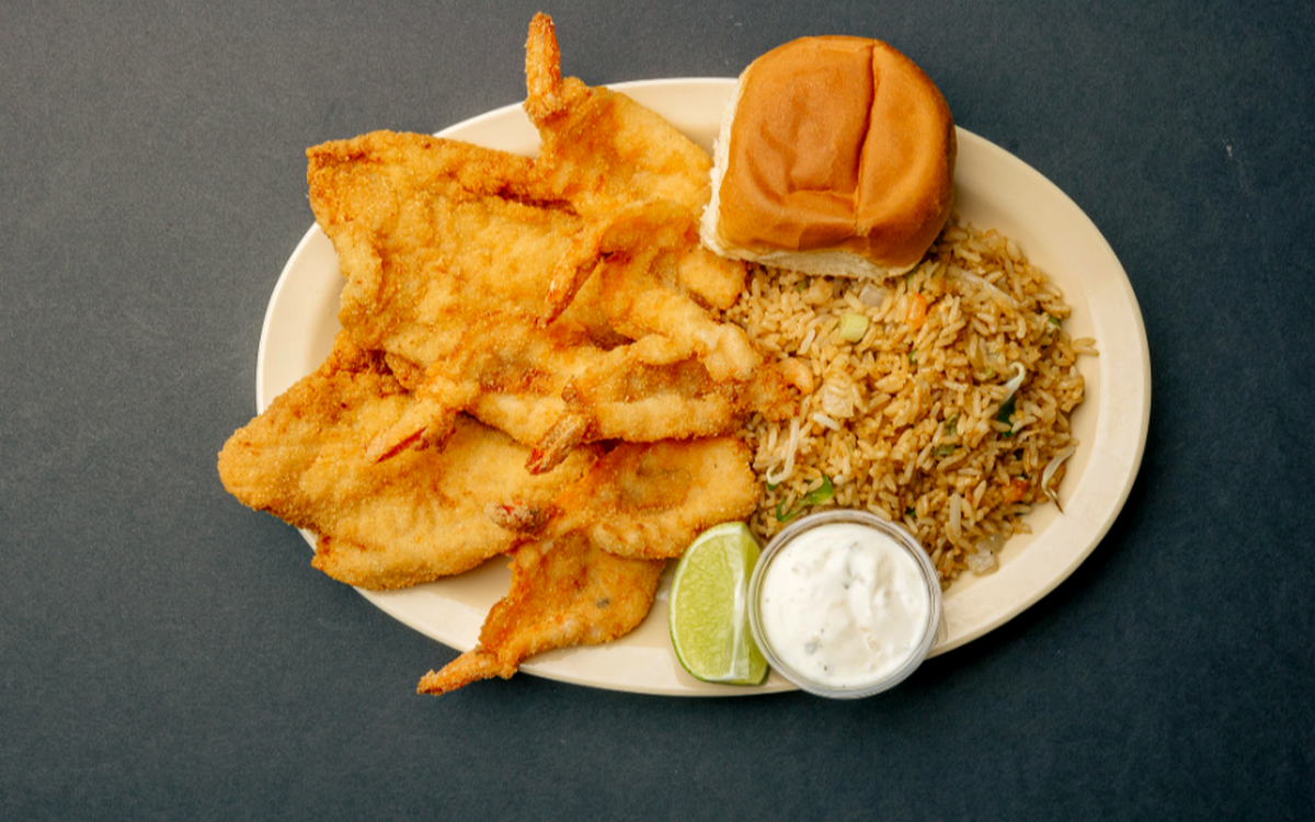 Connie's Catch of the Day with fried fish, shrimp, and shrimp fried rice