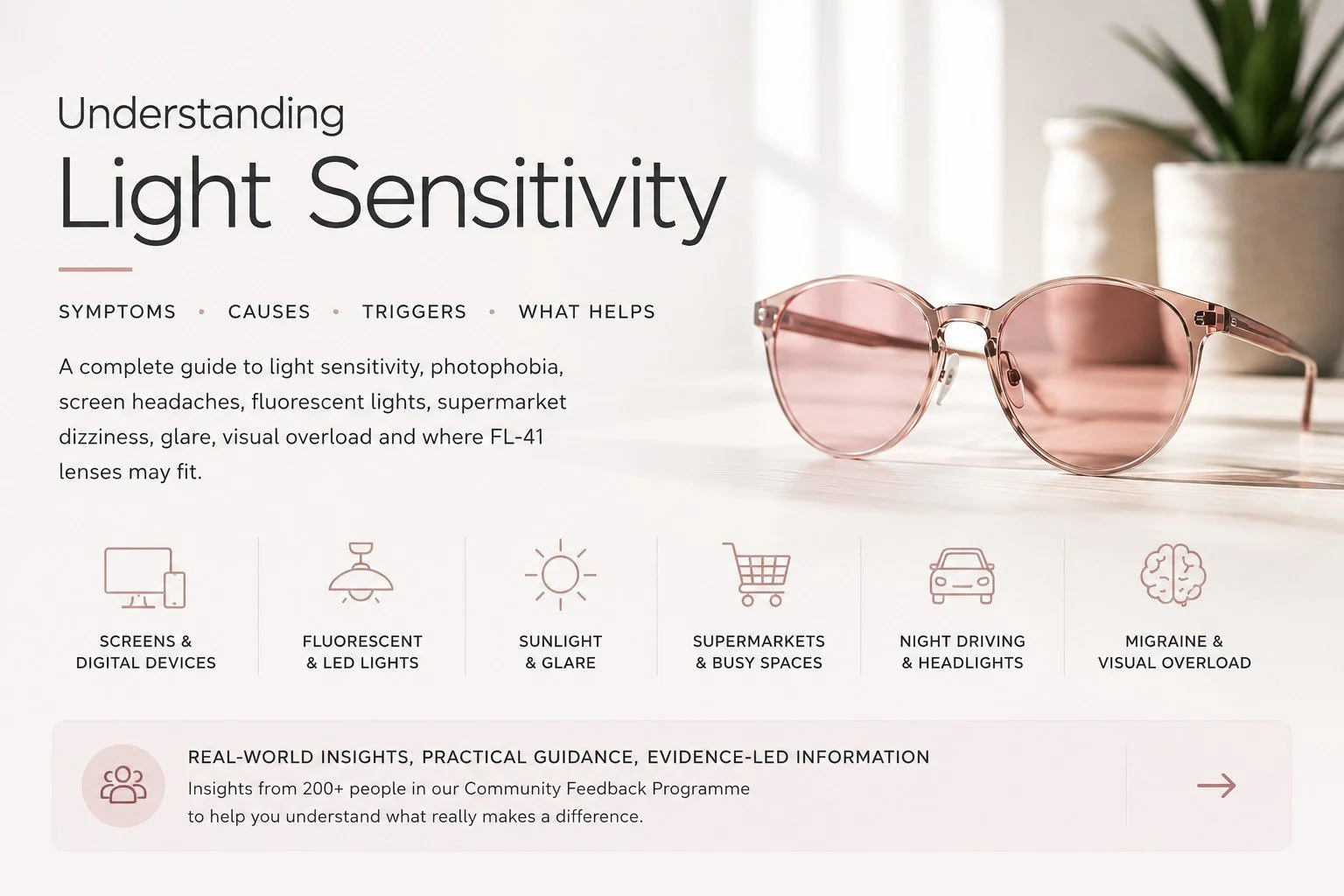 Understanding light sensitivity, including screens, fluorescent lights, glare, supermarkets, headlights and visual overload
