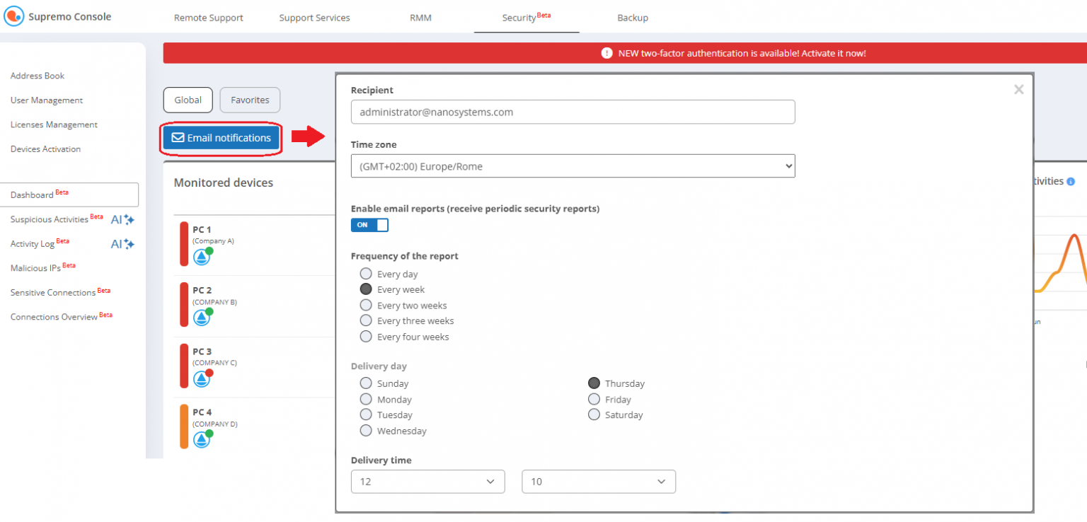 Supremo Console IT Security — Email notification settings