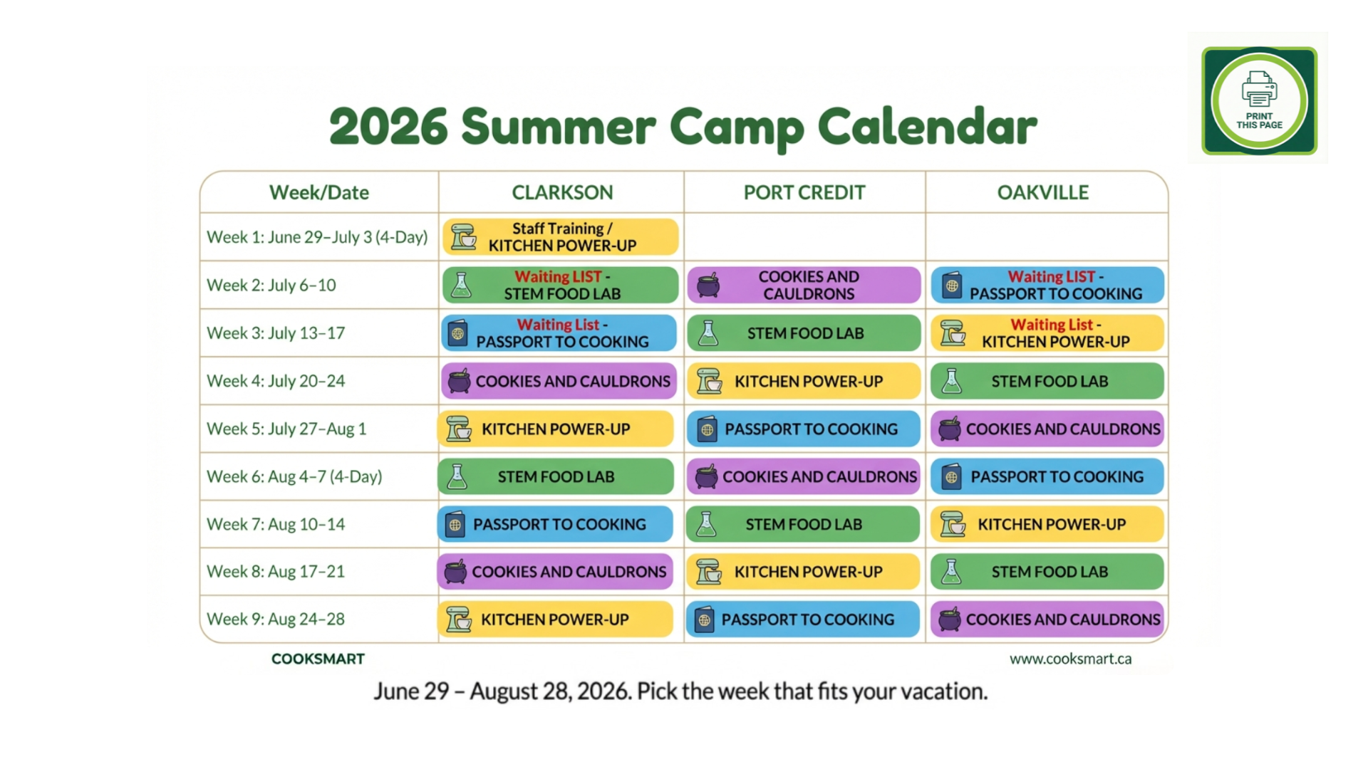 2026 Summer Camp Schedule