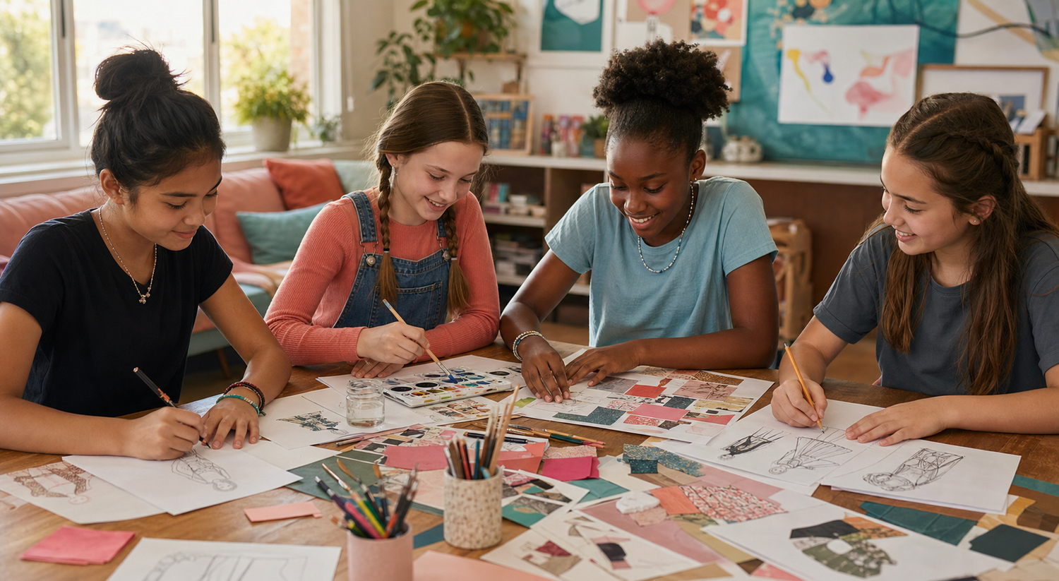 Four girls collaborate on fashion sketches, mood boards, painting, and paper crafts around a shared table.