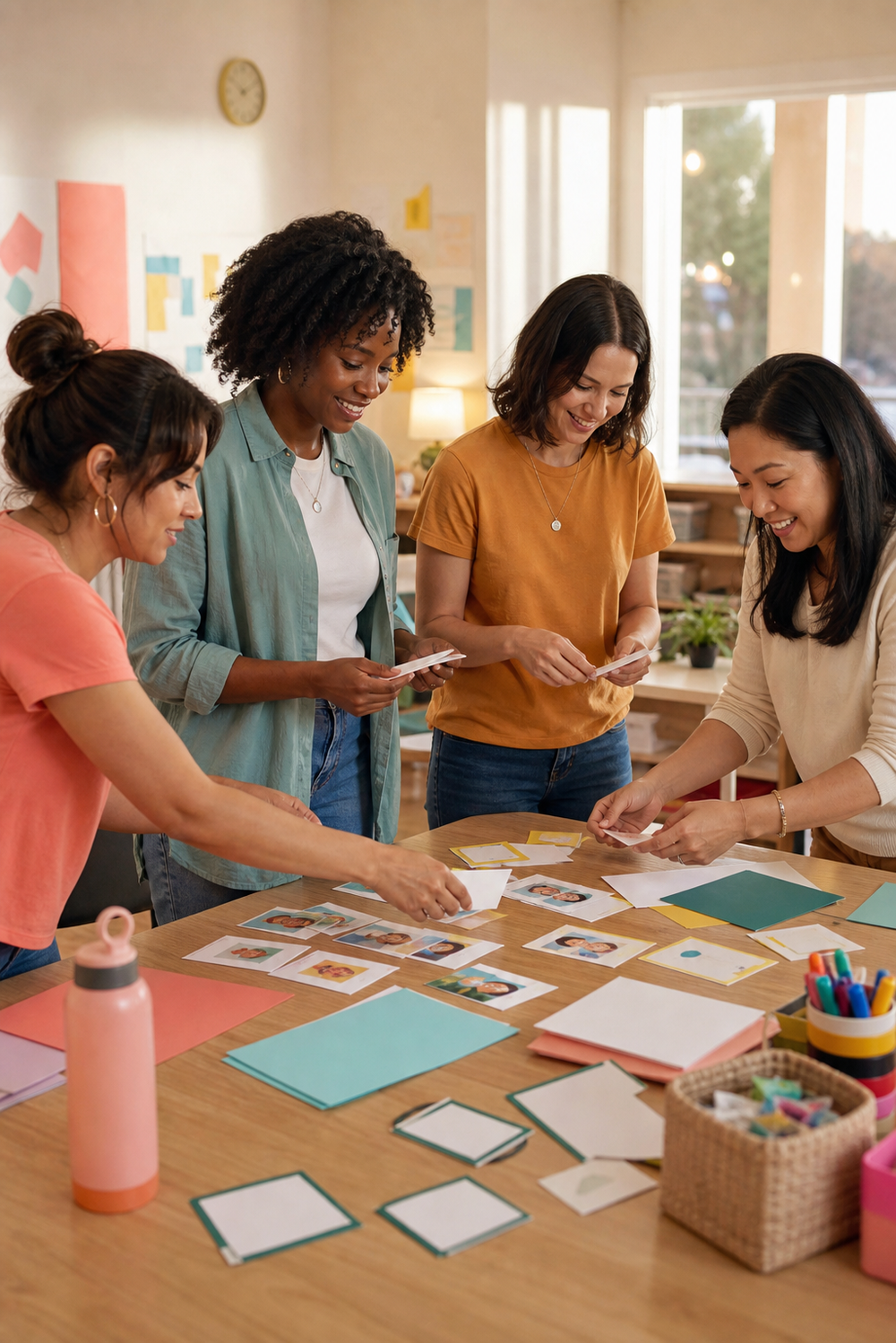 Four volunteers prepare life-lesson cards, craft materials, and an active group game before club.