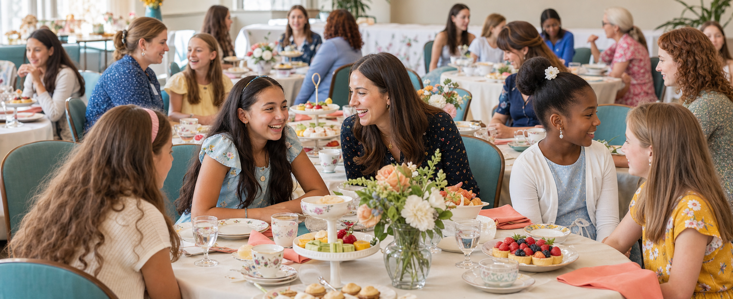 Girls and mentors share conversation, tea, fruit, and pastries at the annual high tea.