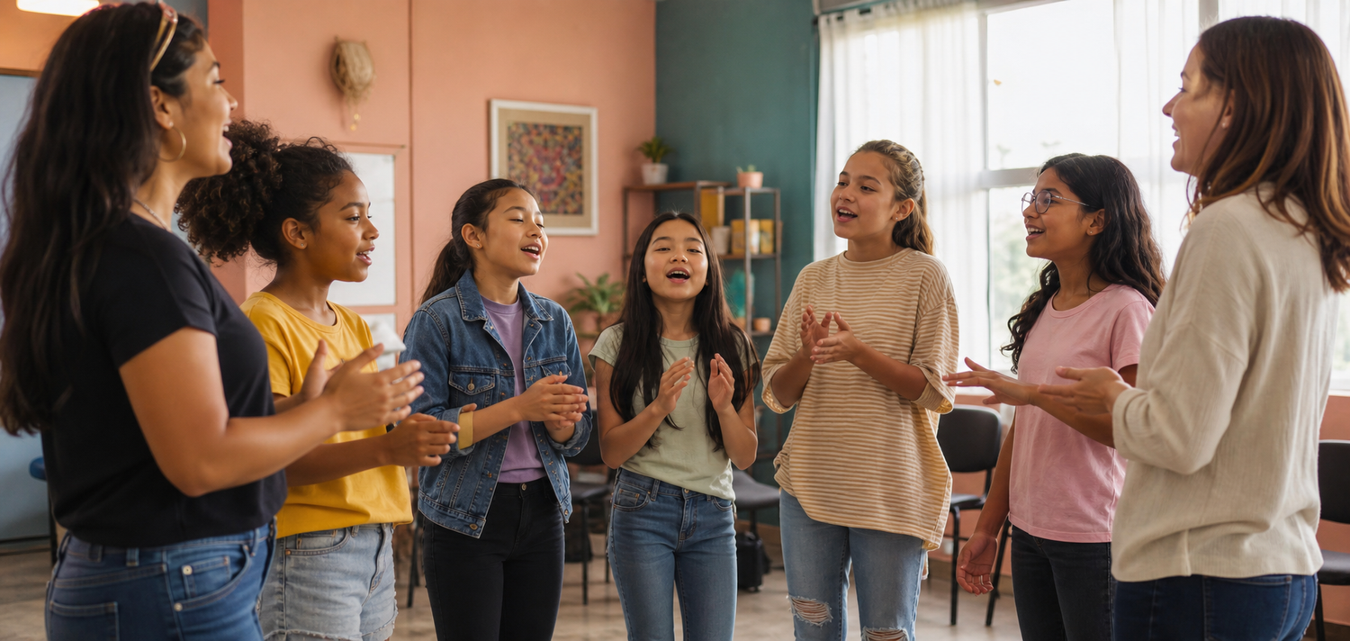 Girls and mentors sing and clap together in a relaxed club circle.