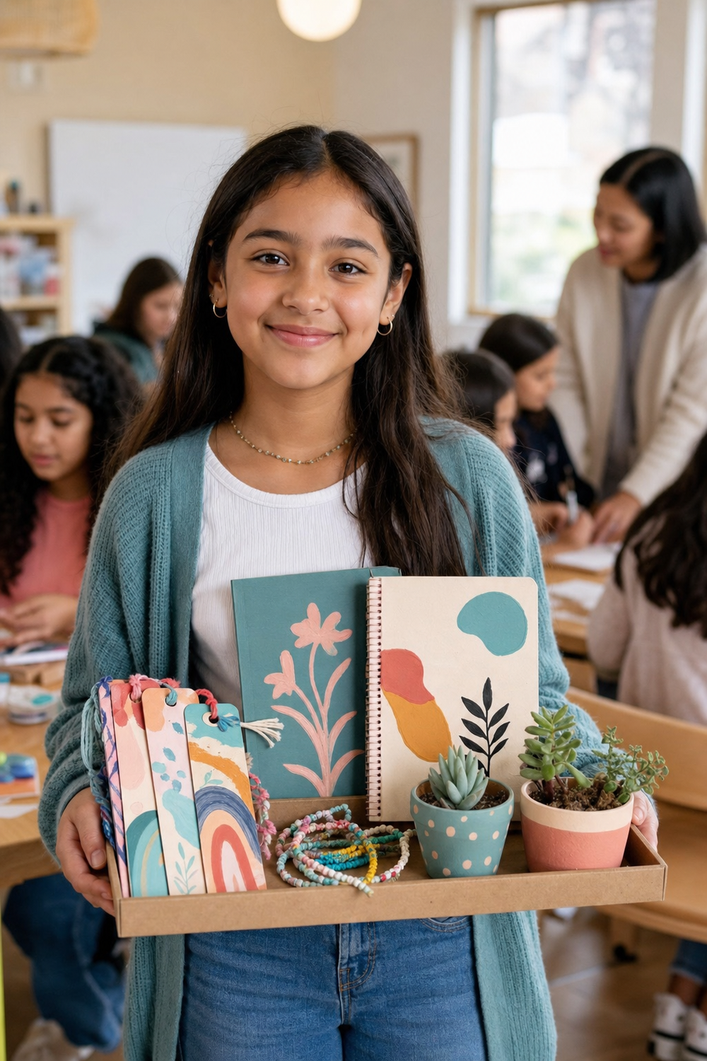 A girl proudly presents a mini-business display of bookmarks, bracelets, journals, and painted plant pots.