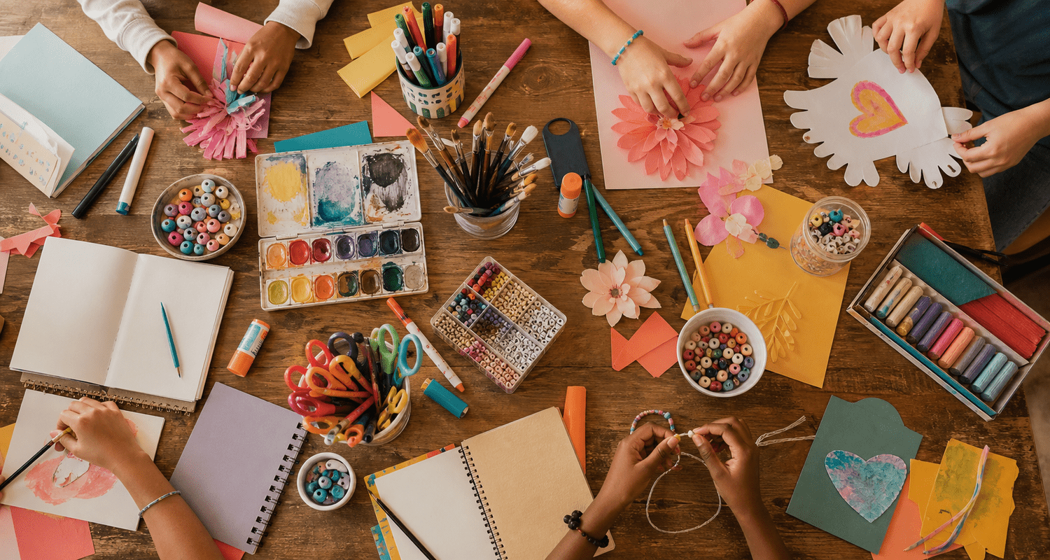 Paints, markers, paper, beads, journals, and craft tools fill a busy workshop table.