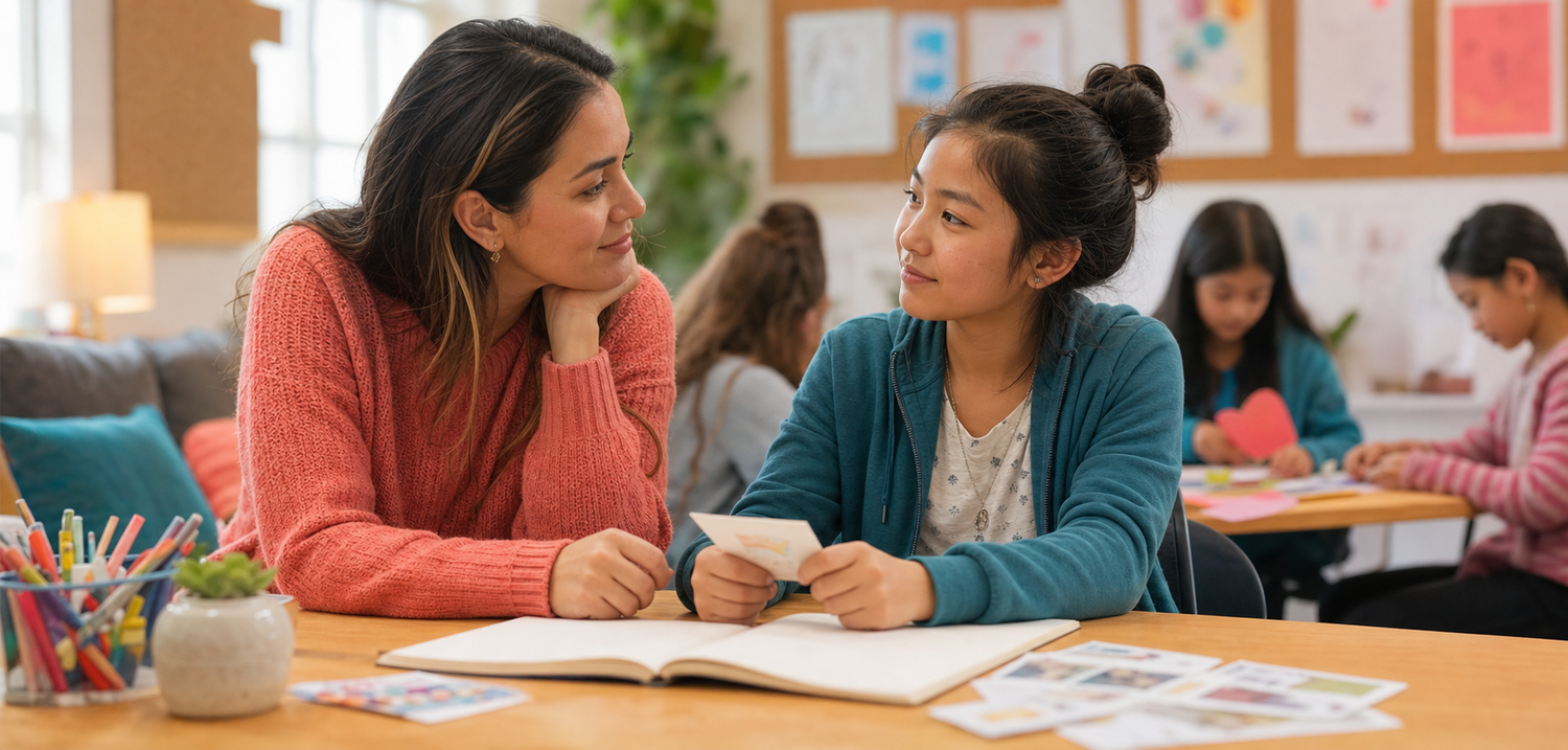 A mentor listens attentively as a girl reflects on a life lesson using a journal and picture cards.