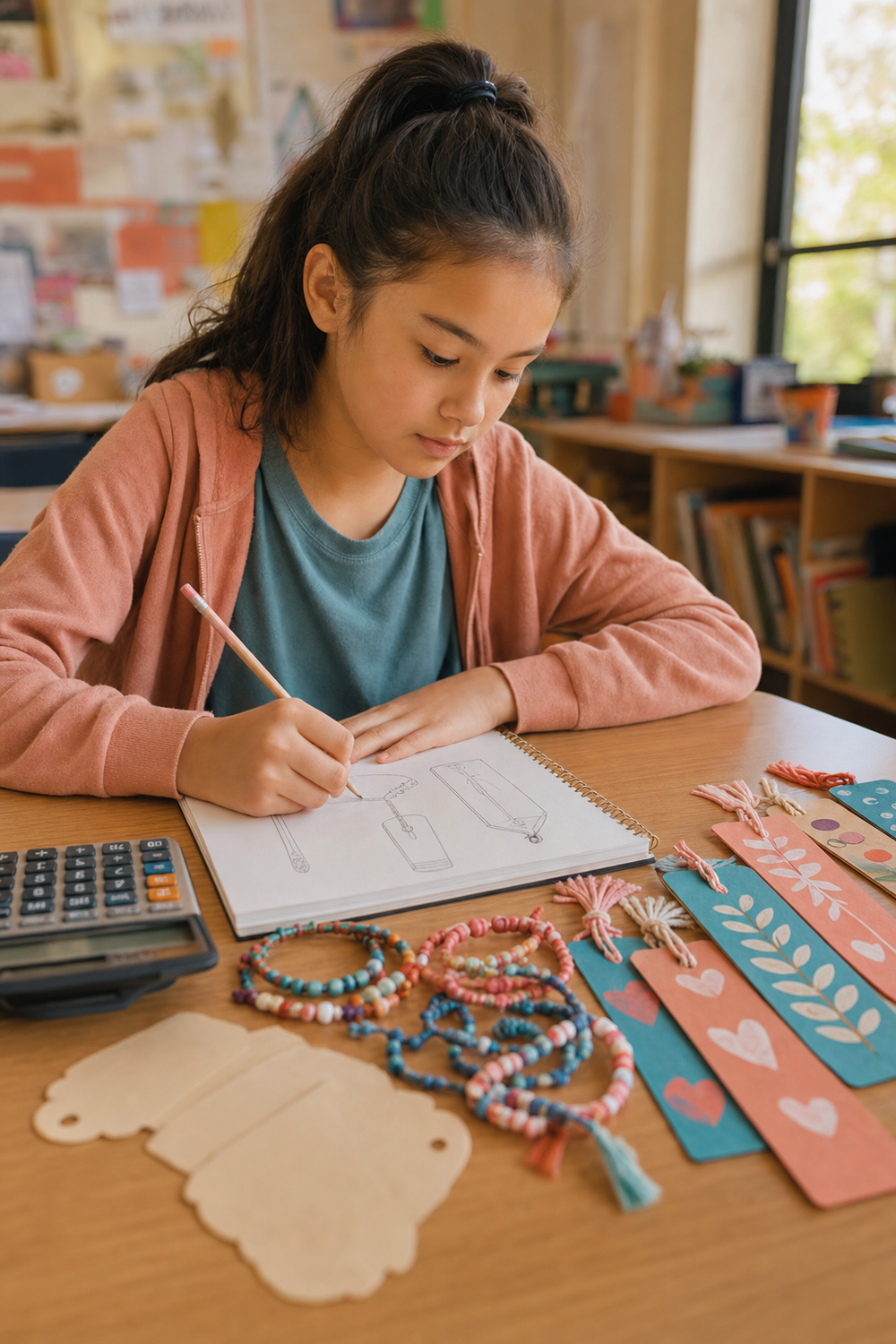 A girl develops a mini-business idea beside handmade bookmarks and friendship bracelets.