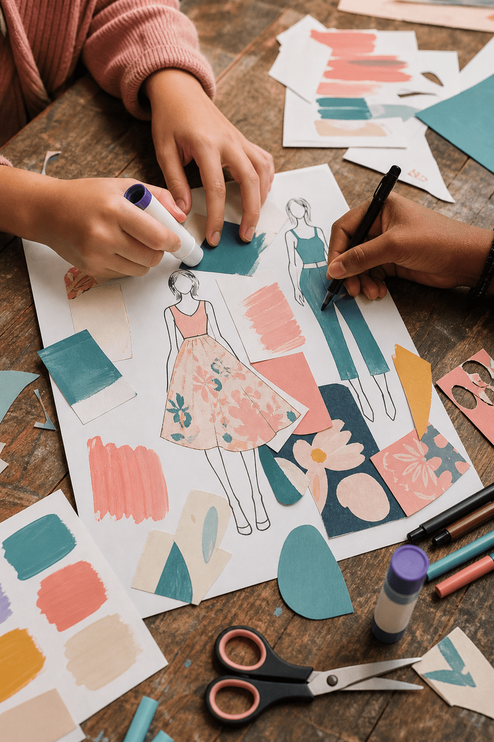 Two girls collaborate on fashion sketches and a colorful paper mood board.