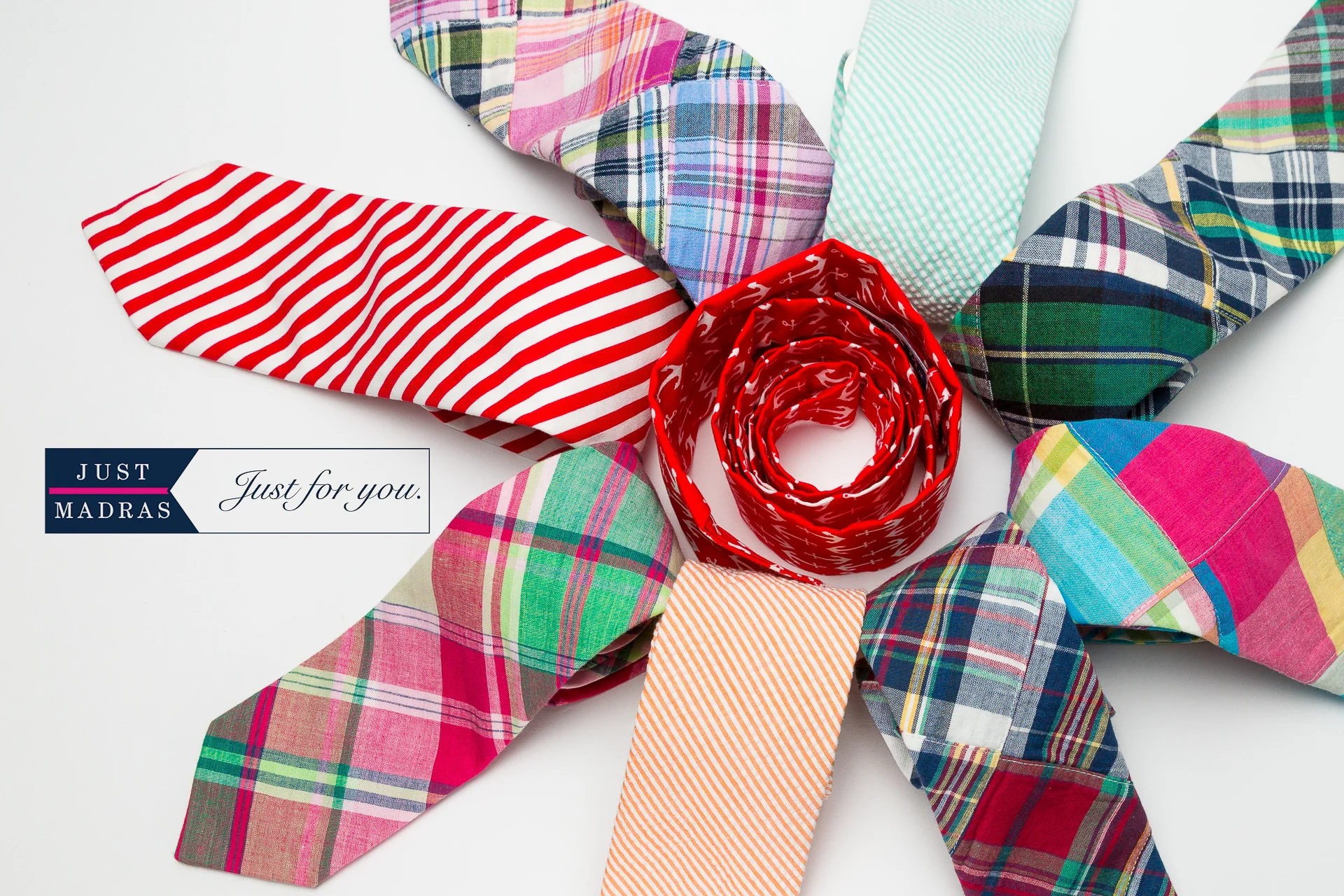 Just Madras fabric and ties campaign imagery.