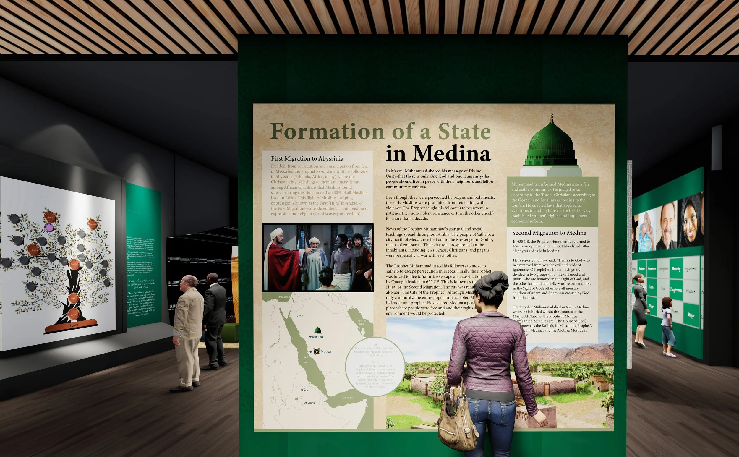 Formation of a State in Medina interpretive panel with map, imagery and adjacent Prophets Tree display