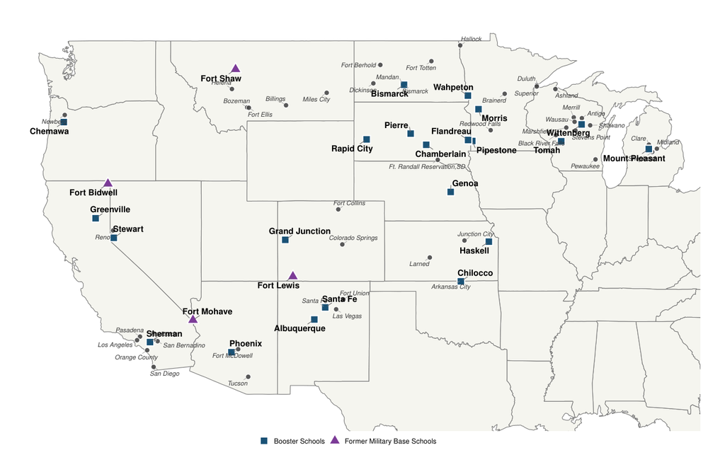 Figure 1. Federal boarding schools and competing towns. Squares mark booster schools; triangles mark schools on former military bases; gray points are competing towns.