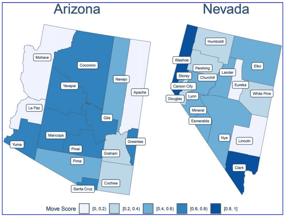 Figure 1. MOVE scores for Arizona and Nevada counties, 2024.