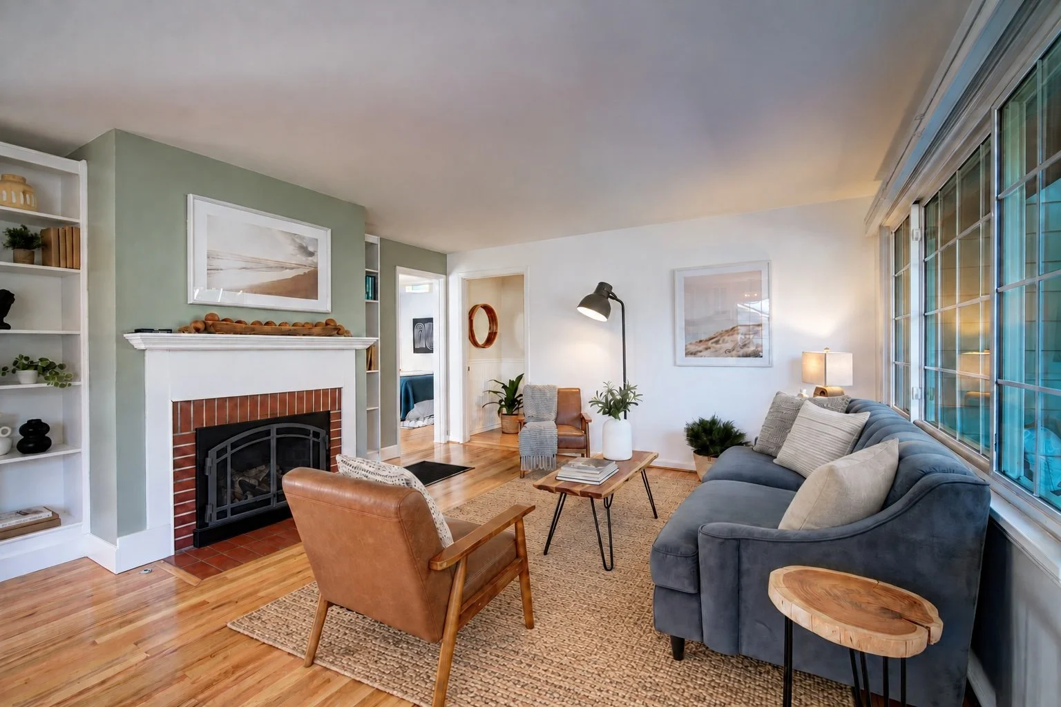 Living room with gas fireplace and built-in shelving
