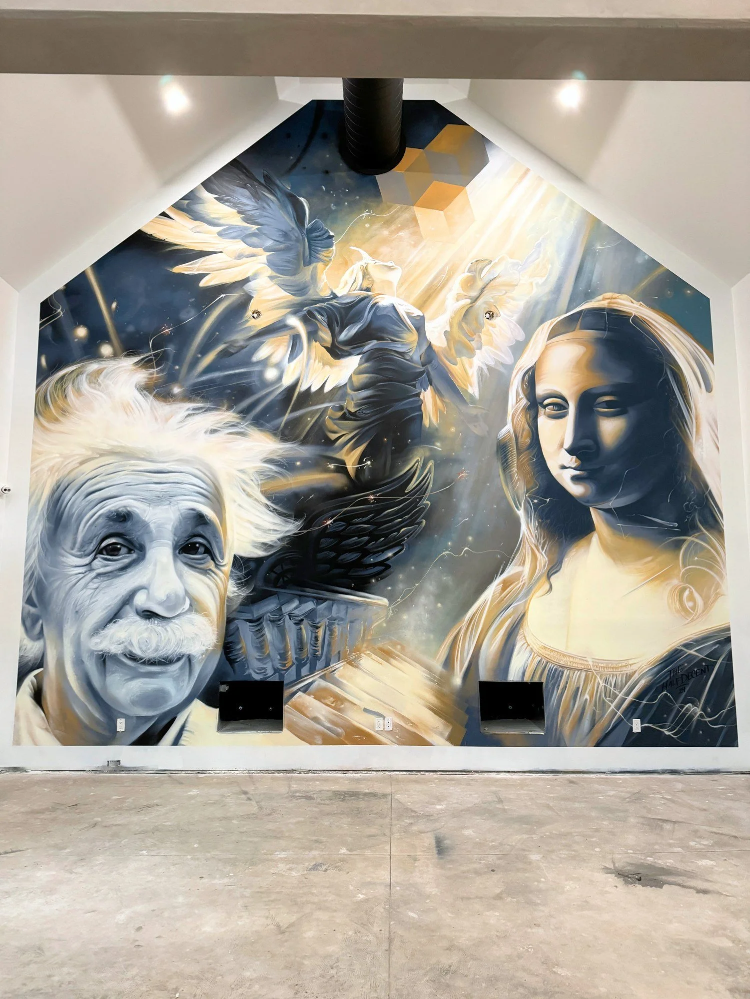 Interior mural featuring classical portraits and a bird at Concretus Specialties