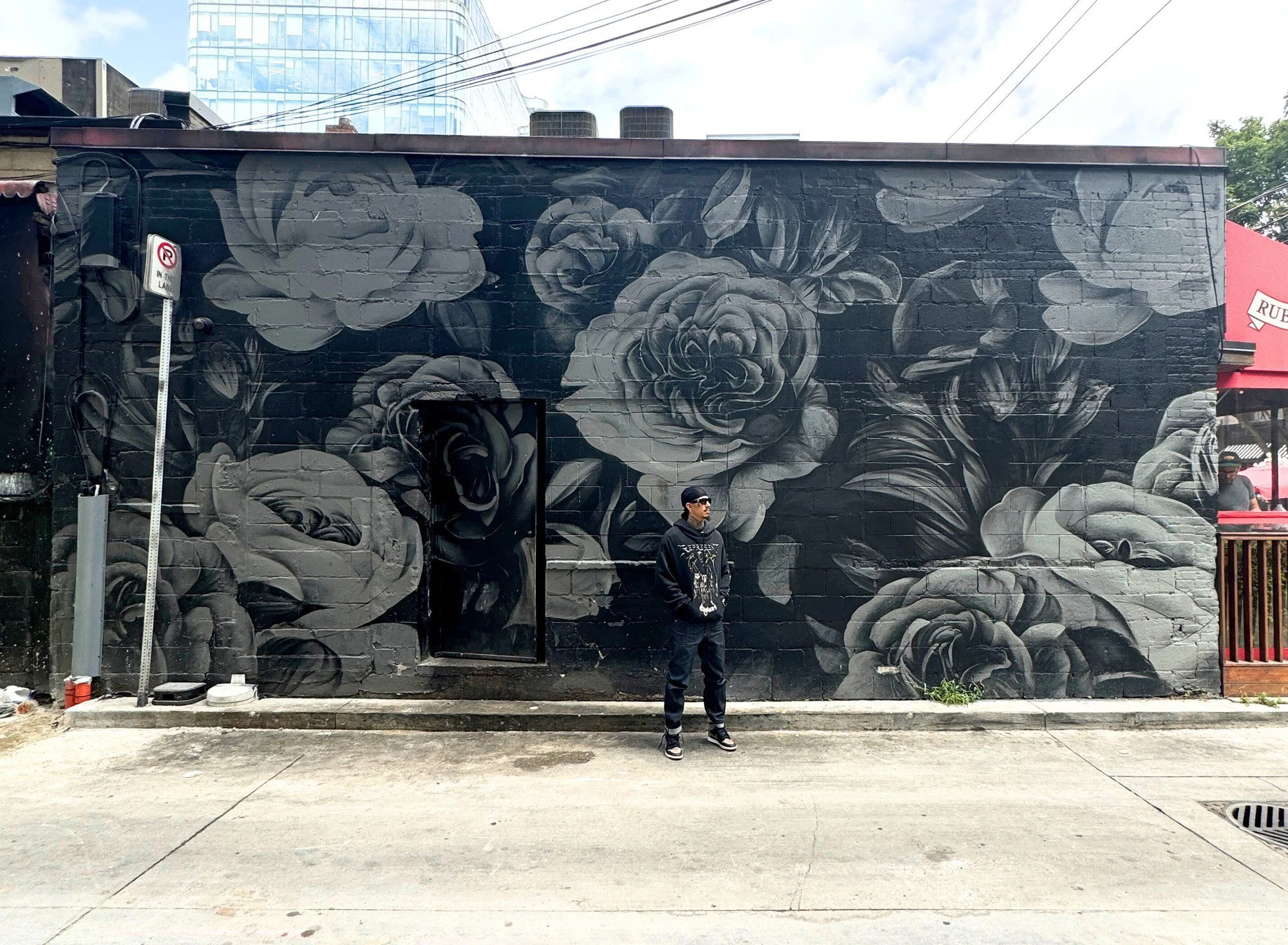 Black and white botanical mural on the exterior of Ruby Soho for Campari