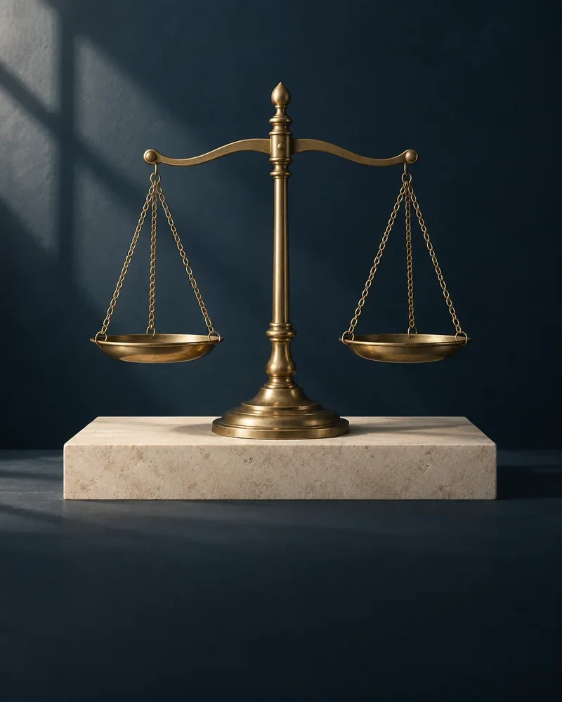 Brass scales of justice on cream stone against a navy background