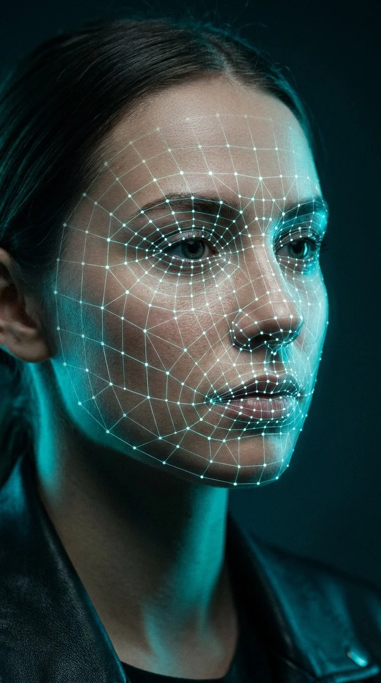Cinematic portrait with a FaceMesh facial-landmark grid overlay