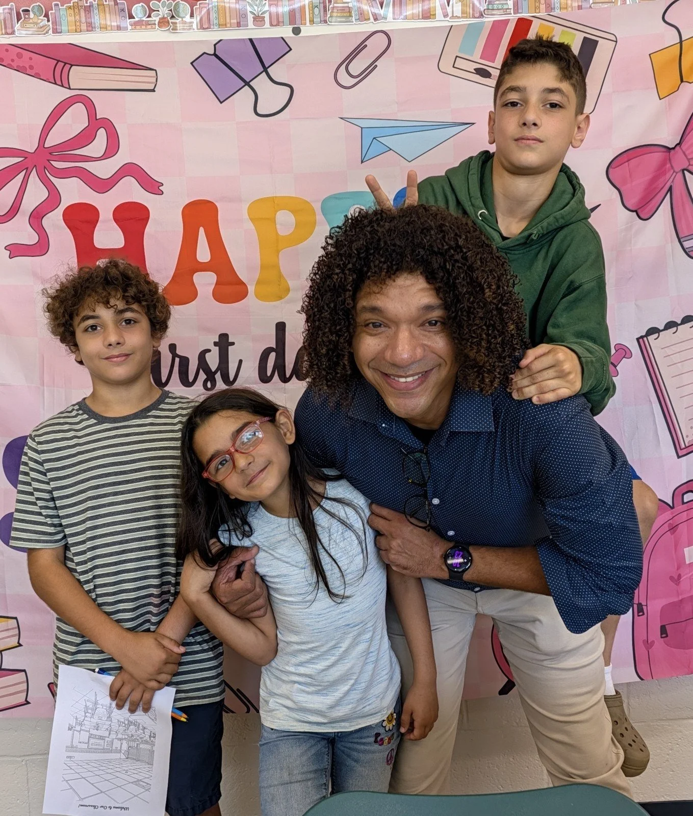 Leon Carelli with three of his kids on the first day of school