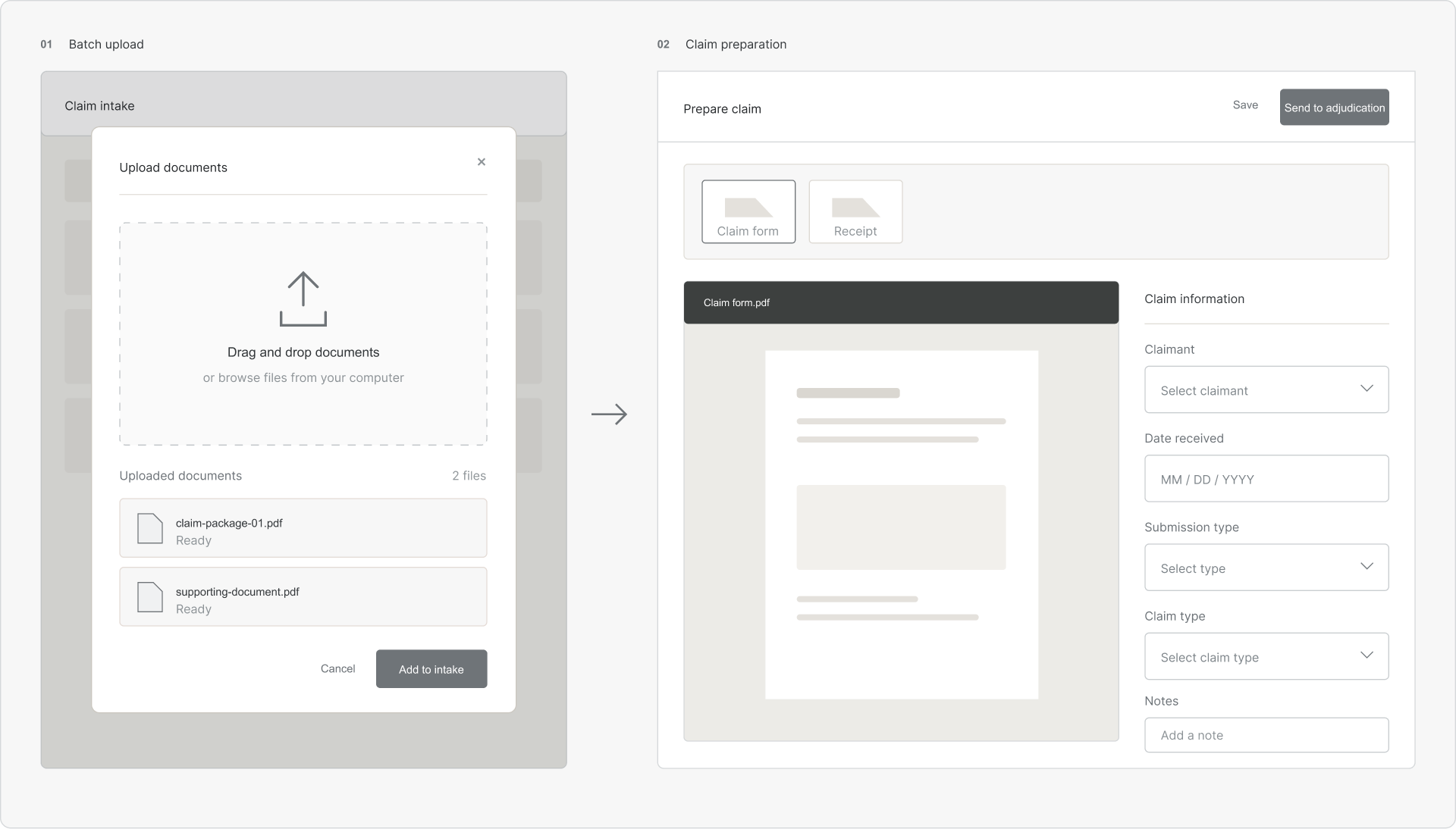 Seperate batch upload and claim prepartion concept