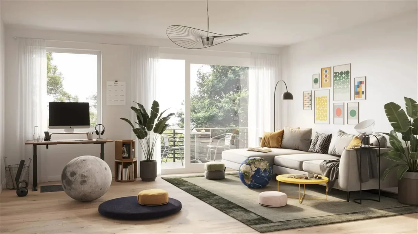A sunlit modern living room composed with Air Chairs at the desk and sofa and Sitting Cushions on the floor