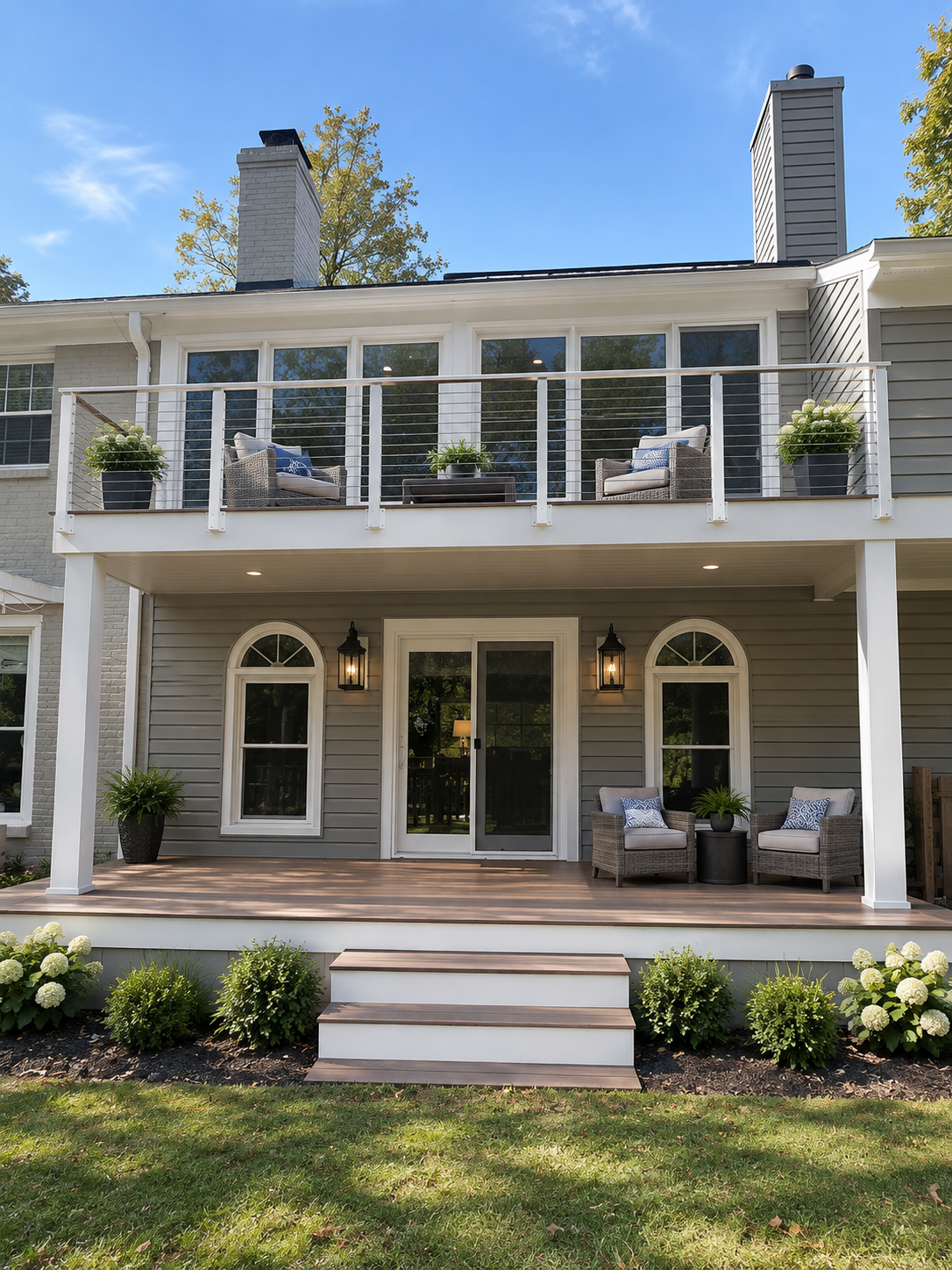 Balcony with white posts and horizontal cable railing above a covered porch.