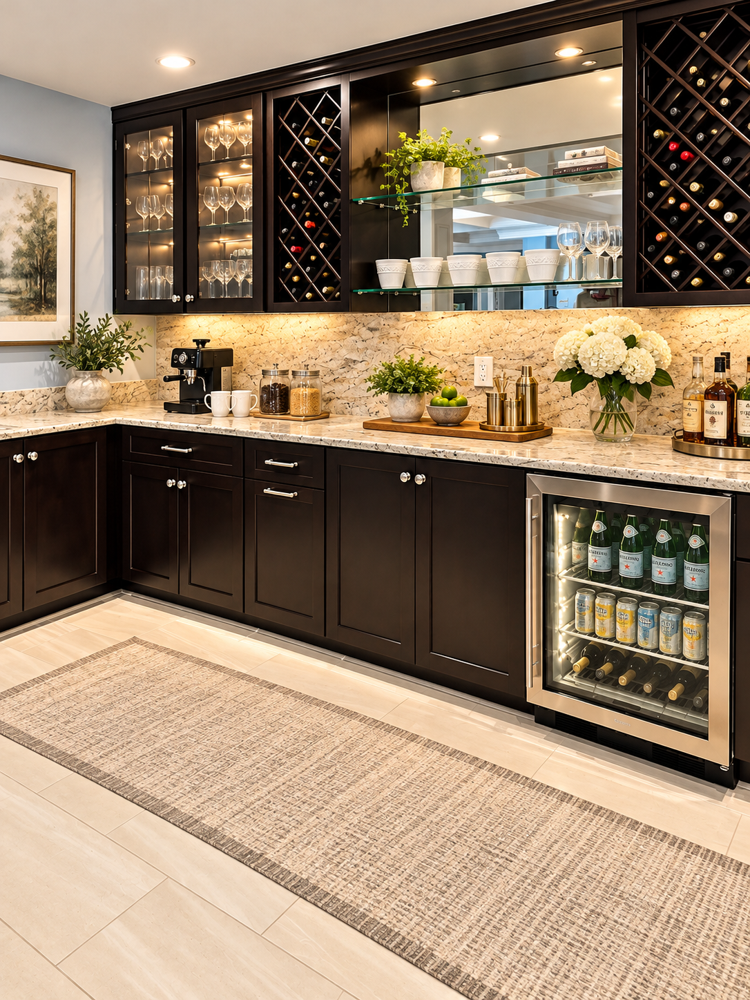Finished bar area with dark cabinetry, wine racks and a beverage refrigerator.
