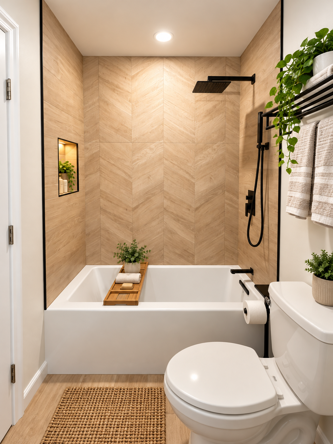 Bathroom tub and shower with a tiled surround and black fixtures.
