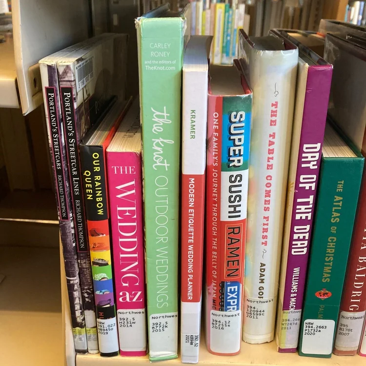 A row of books on a library shelf