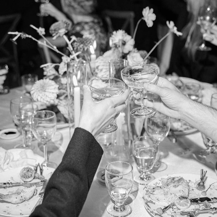 Two people cheers at a wedding.