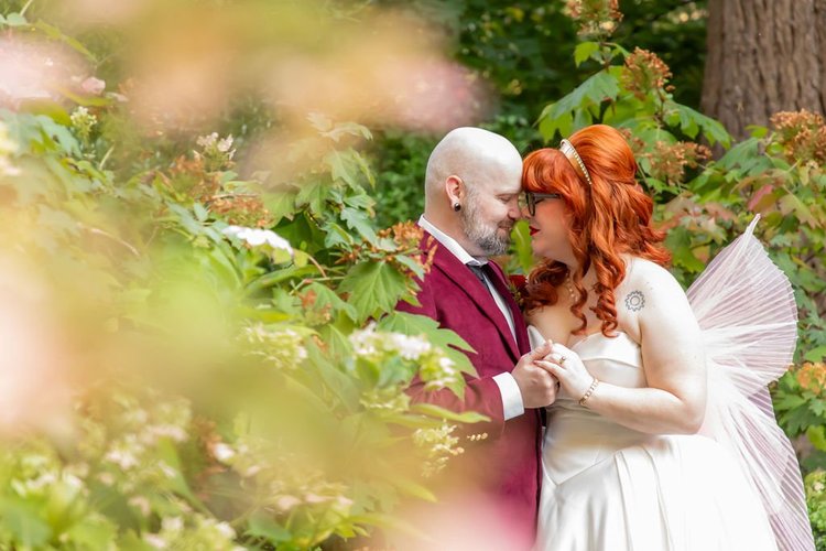 A bride and a groom on their wedding day