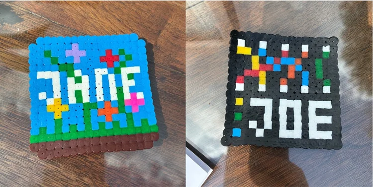 Two Perler bead creations. One says Jane and the other says Joe.