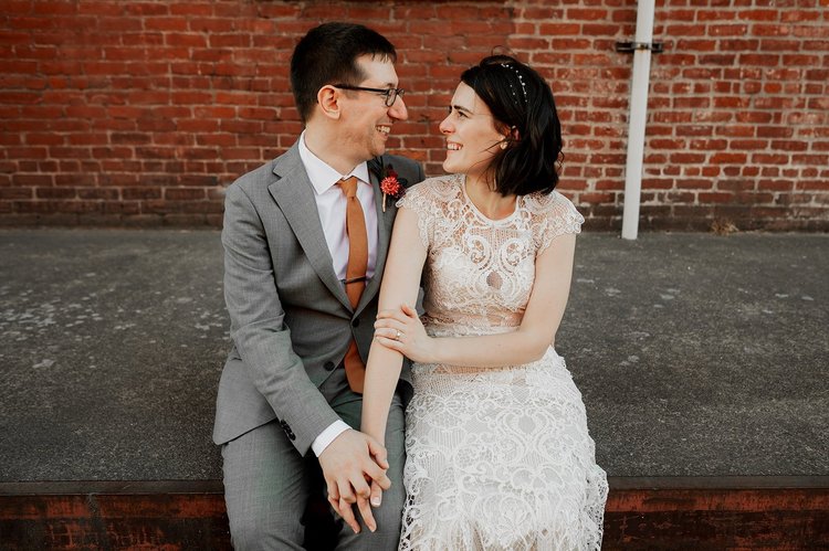 A bride and a groom on their wedding day.