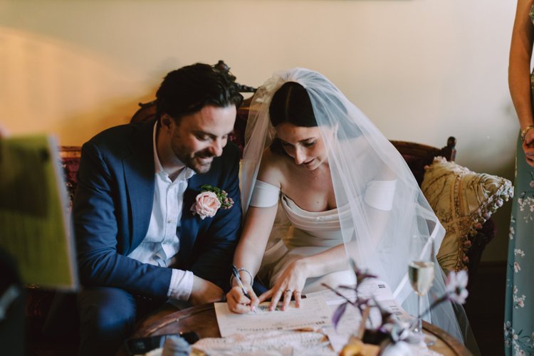 A bride and groom on their wedding day.
