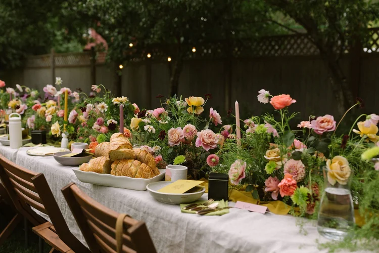 A dinner table at a wedding.