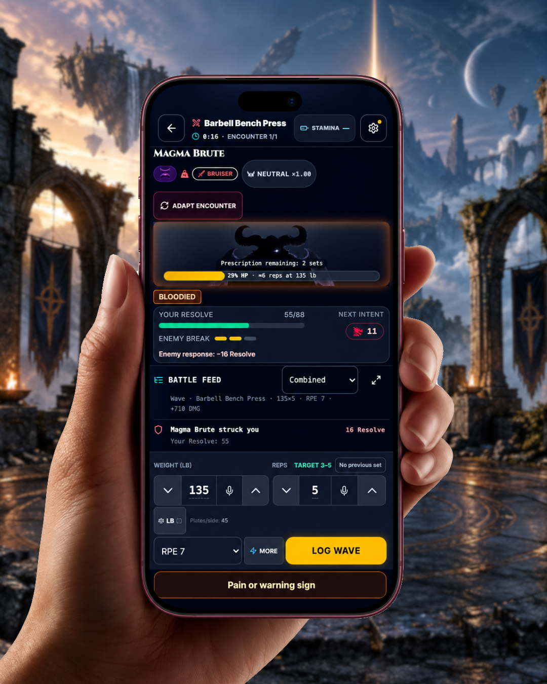A hand holding a phone displaying an Infitnite Barbell Bench Press Combat Quest against the Magma Brute in a high-fantasy arena